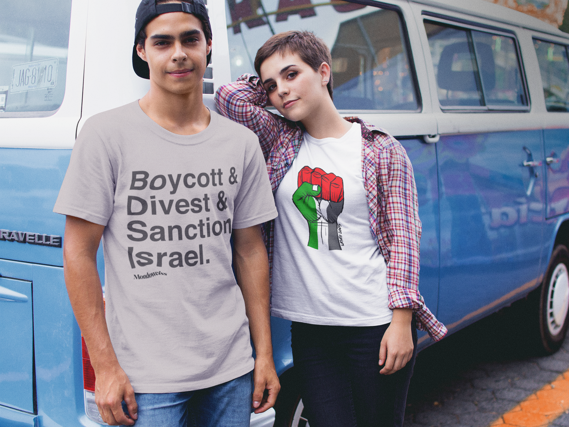Two young people wear pro-Palestine t-shirts while hanging out by their van.